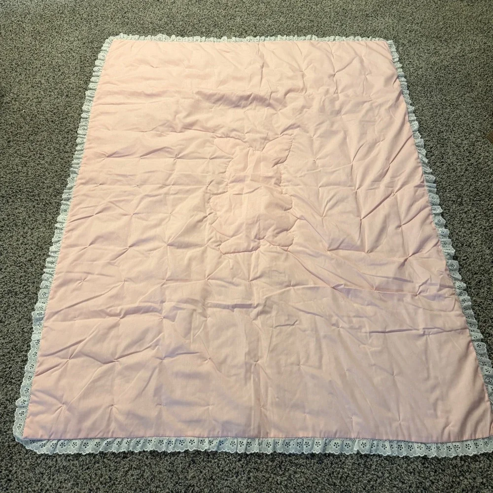 Vintage Pink‎ Gingham Bunny Rabbit Baby Quilt Eyelet Lace Trim Hand Tied Blanket